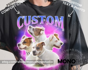 カスタムブートレグラップTシャツ • パーソナライズされた写真コラージュと名前 • ヴィンテージヒップホップスタイルのグラフィックTシャツ