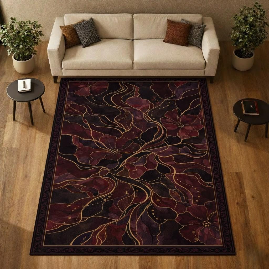 Dark Abstract Floral Area Rug, Burgundy Gold Line Art Rug, Elegant ...
