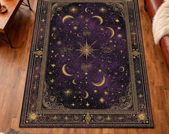 Purple Celestial Area Rug: Gothic Moon & Star Design