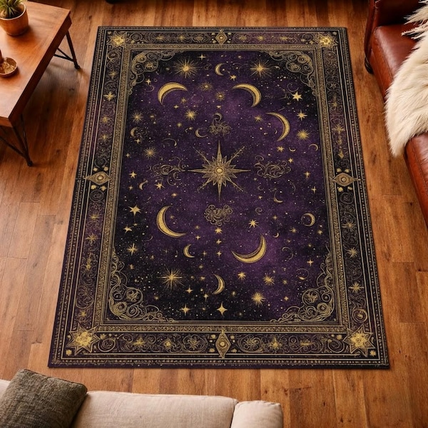 Purple Celestial Area Rug: Gothic Moon & Star Design