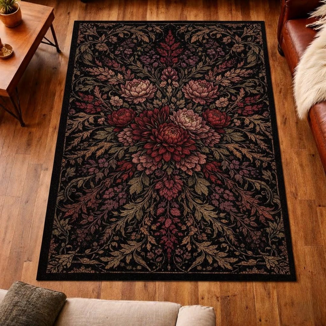 Gothic Rug For Library Dark Gothic Floral Rug, Vintage Botanical Black Area Carpet, Moody Home ...