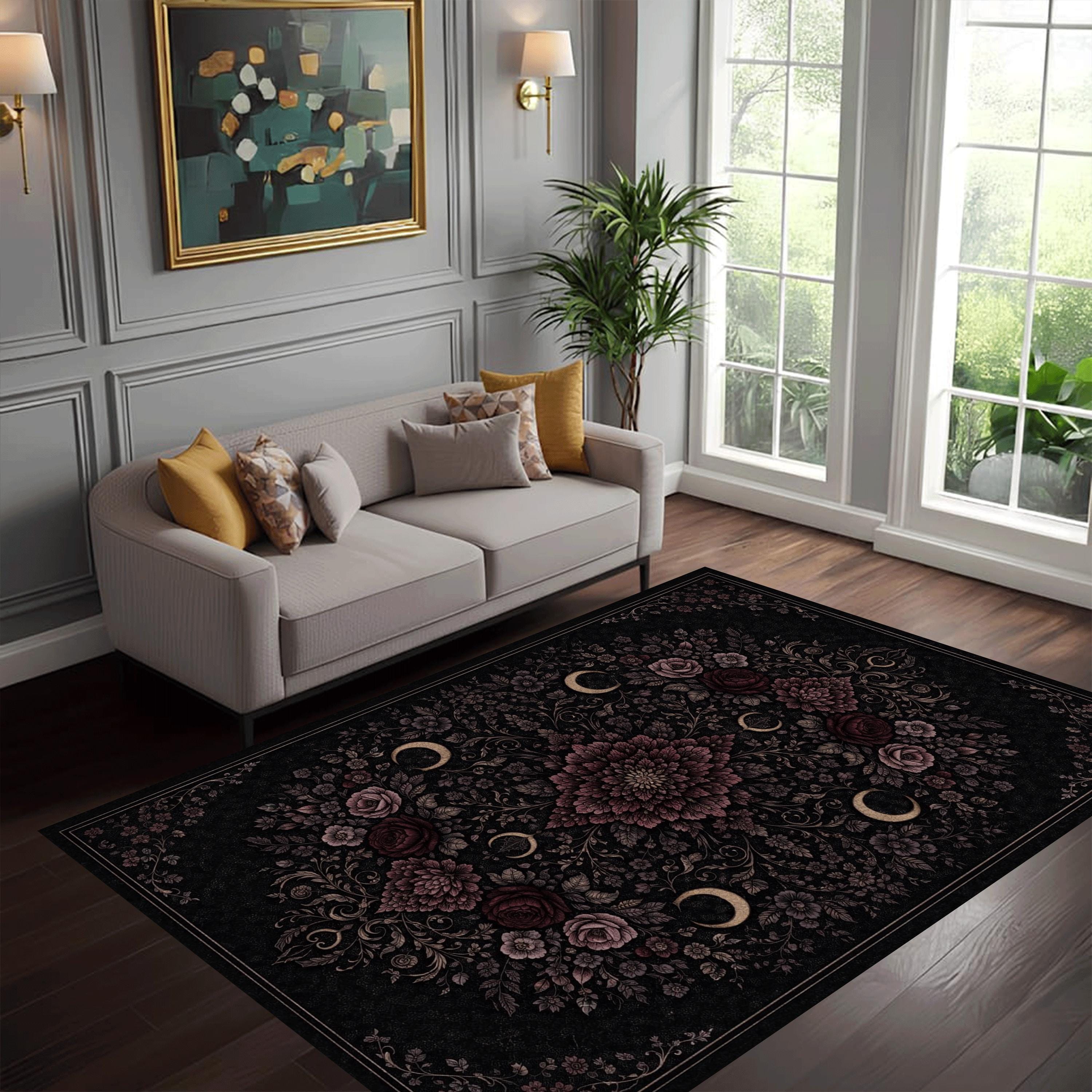 Blood Moon Rug Gothic Floral Moon Area Rug, Dark Bohemian Vintage Rug, Black Mystic ...
