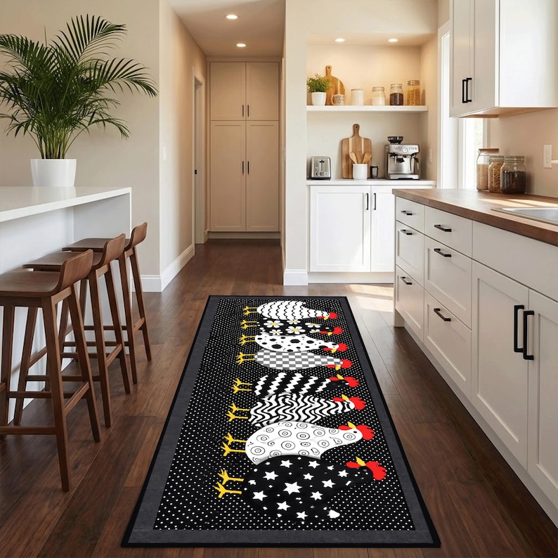 Rooster Kitchen Runner Rug, Farmhouse Chicken Rug, Black White Country ...