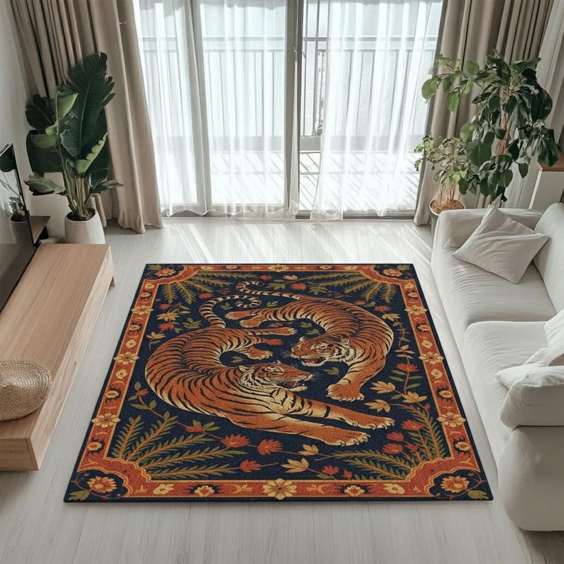 Vintage Tiger Area Rug: Oriental Jungle Style, Exotic Decor - Etsy