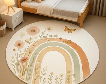 Alfombra infantil con diseño floral arcoíris: alfombra redonda estilo bohemio para sala de juegos infantil.