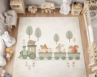 Kinderkamertapijt dierentrein, kinderkamer tapijt bosthema, neutrale babyvloermat