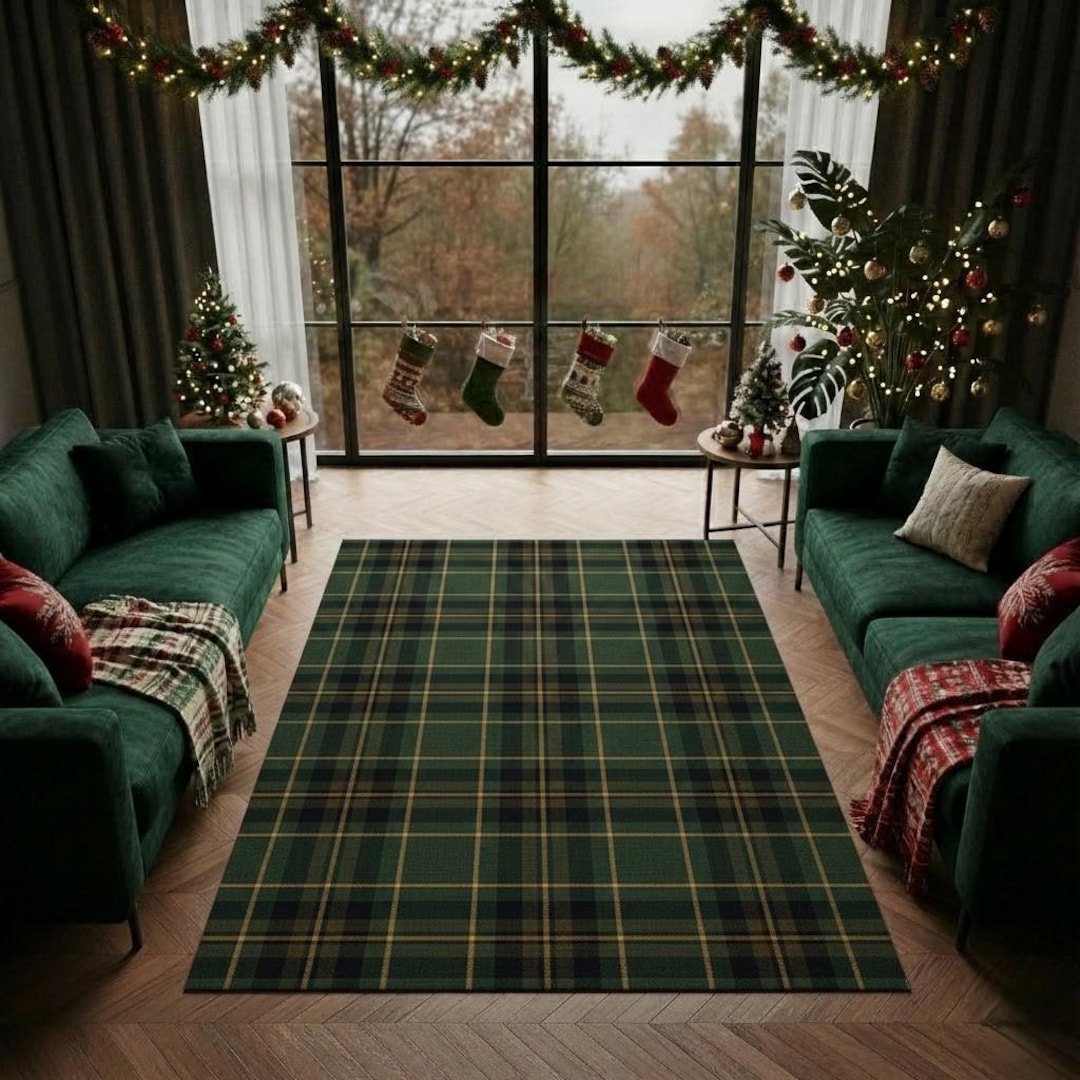 Green Tartan Chess Area Rug, Classic Plaid Christmas Carpet - Etsy
