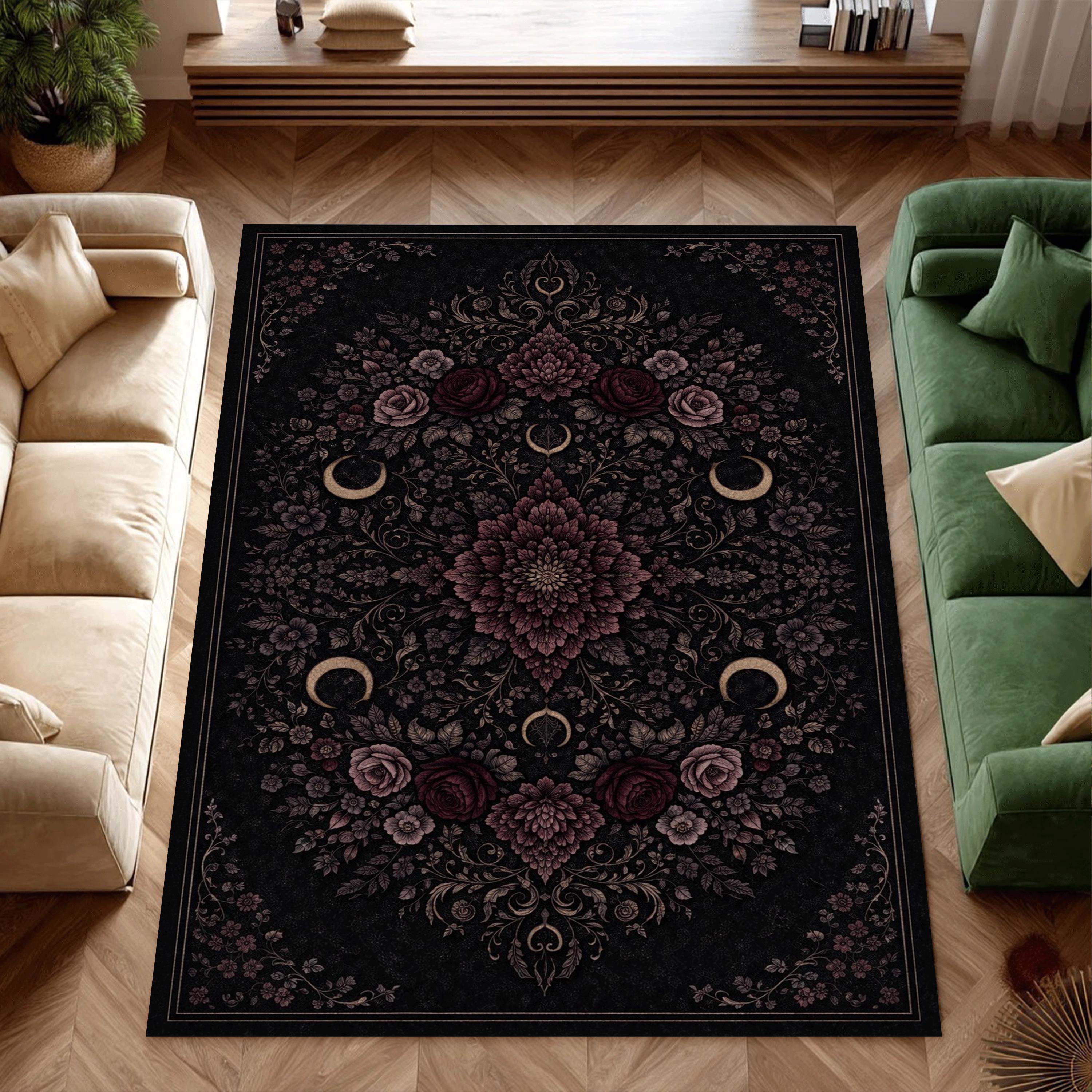 Goth Rug Background Gothic Floral Moon Area Rug, Dark Bohemian Vintage Rug, Black Mystic ...