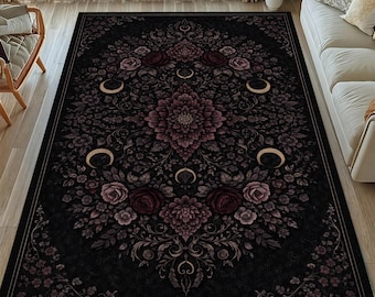 Gothic Floral Moon Area Rug, Dark Bohemian Vintage Rug, Black Mystic Decor Carpet