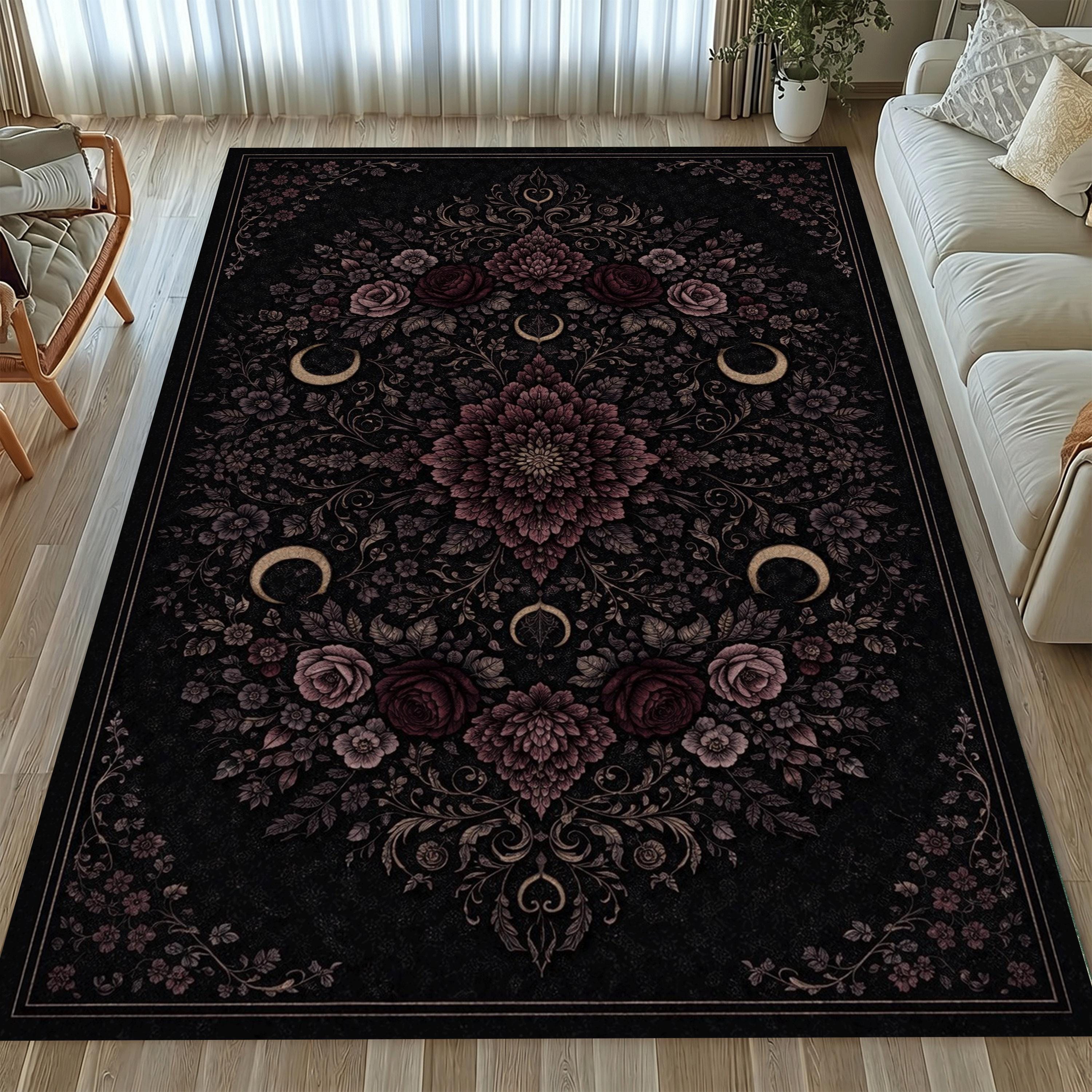 Goth Rug Background Gothic Floral Moon Area Rug, Dark Bohemian Vintage Rug, Black Mystic ...