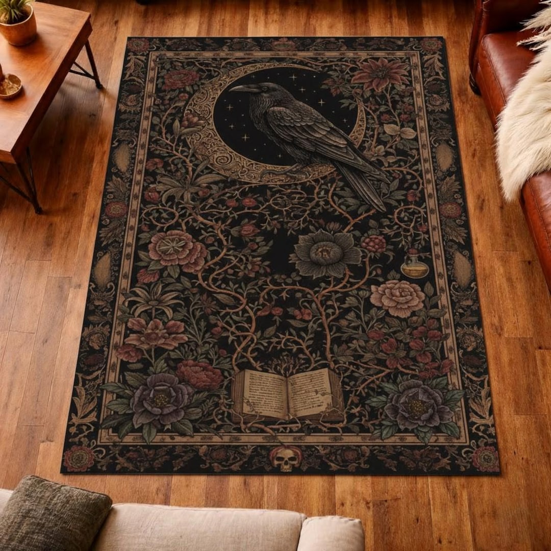 Gothic Rug For Library Gothic Raven Area Rug, Dark Academia Floral Rug, Vintage Occult Style ...