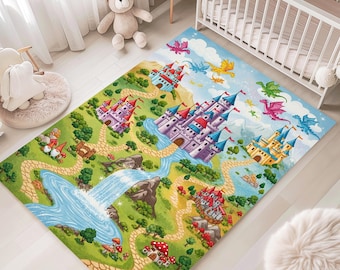 Fantasy Castle Kids Rug, Dragon Play Rug, Fairy Tale Nursery Rug, Colorful Castle Map Rug