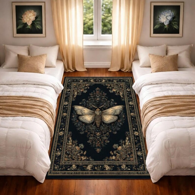 Moth Pattern Rug Gothic Moth Botanical Dark Rug Vintage Floral Insect Design - Etsy