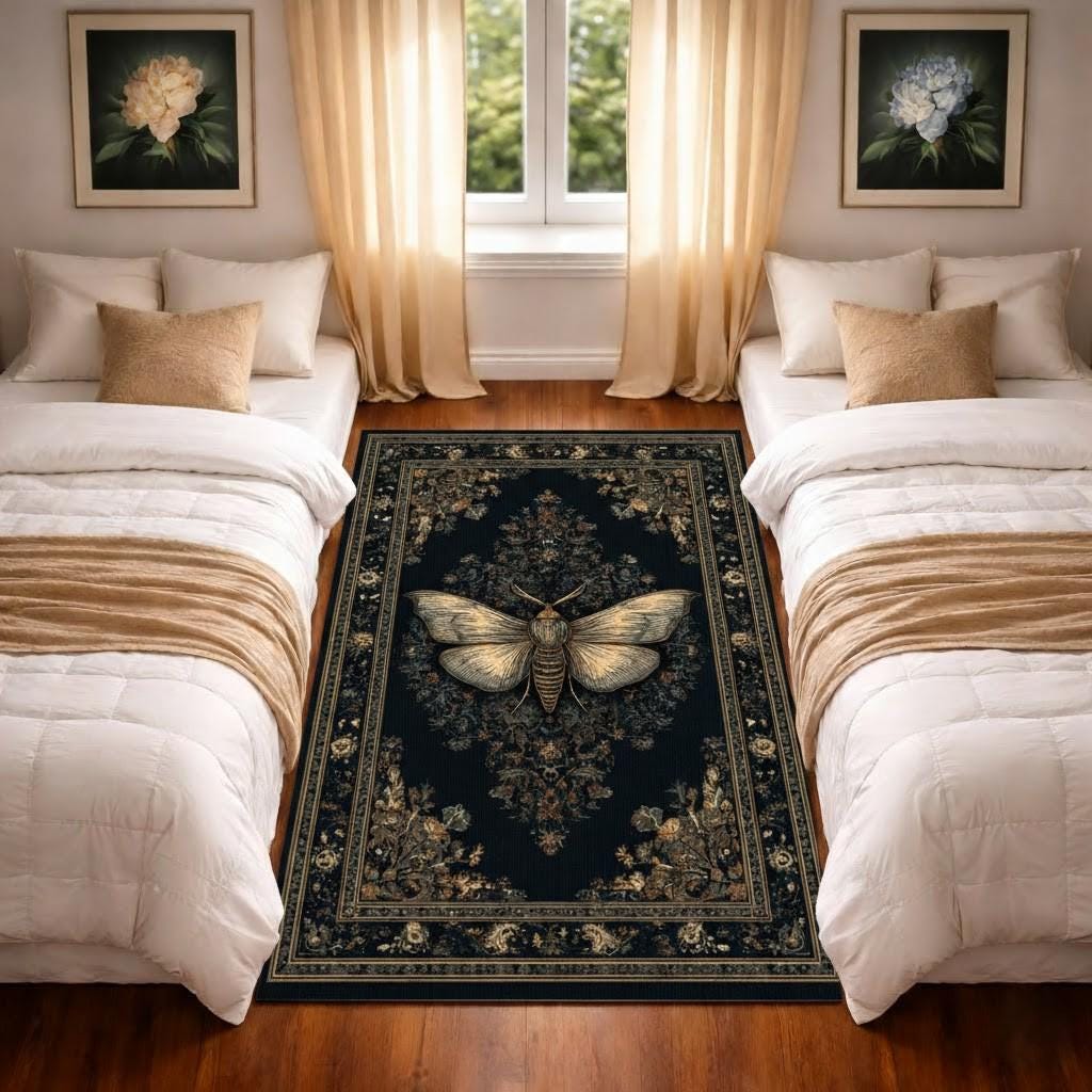 Modern Black Insect Rug Gothic Moth Botanical Dark Rug Vintage Floral Insect Design - Etsy