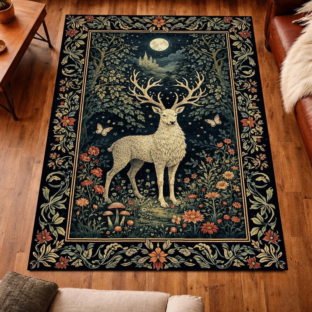 Moonlit Deer Forest Rug With Botanical Border Gothic Fantasy Artwork - Etsy