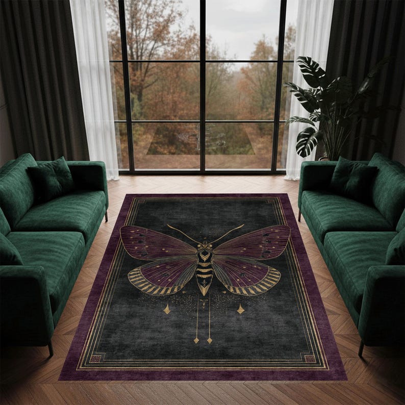 Moth Area Rug Gothic Moth Area Rug With Dark Botanical Art and Vintage Gold Details ...
