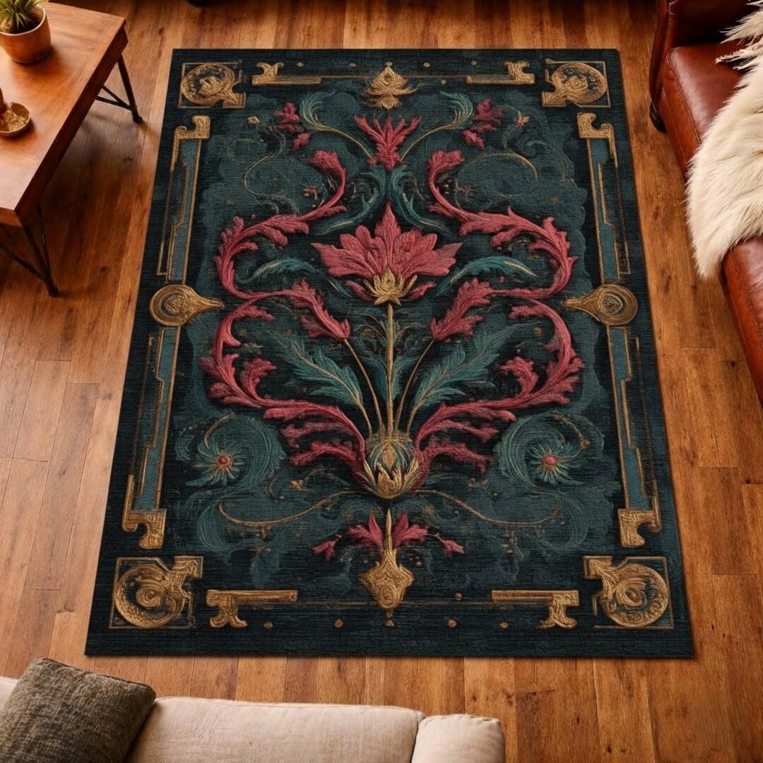 Baroque Botanical Rug, Dark Floral Vintage Area Rug, Burgundy Teal ...