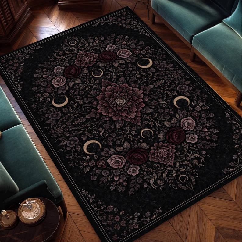 Gothic Floral Moon Area Rug, Dark Bohemian Vintage Rug, Black Mystic ...
