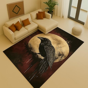 Gothic Raven & Moon Rug: Mystic Black Crow Polyester Carpet