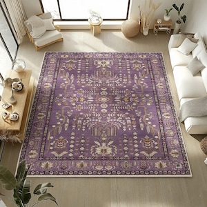 Tapis oriental violet effet vieilli – Décoration de sol bohème lavable