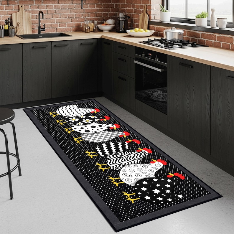 Chicken Throw Rugs Rooster Kitchen Runner Rug, Farmhouse Chicken Rug, Black White Country ...