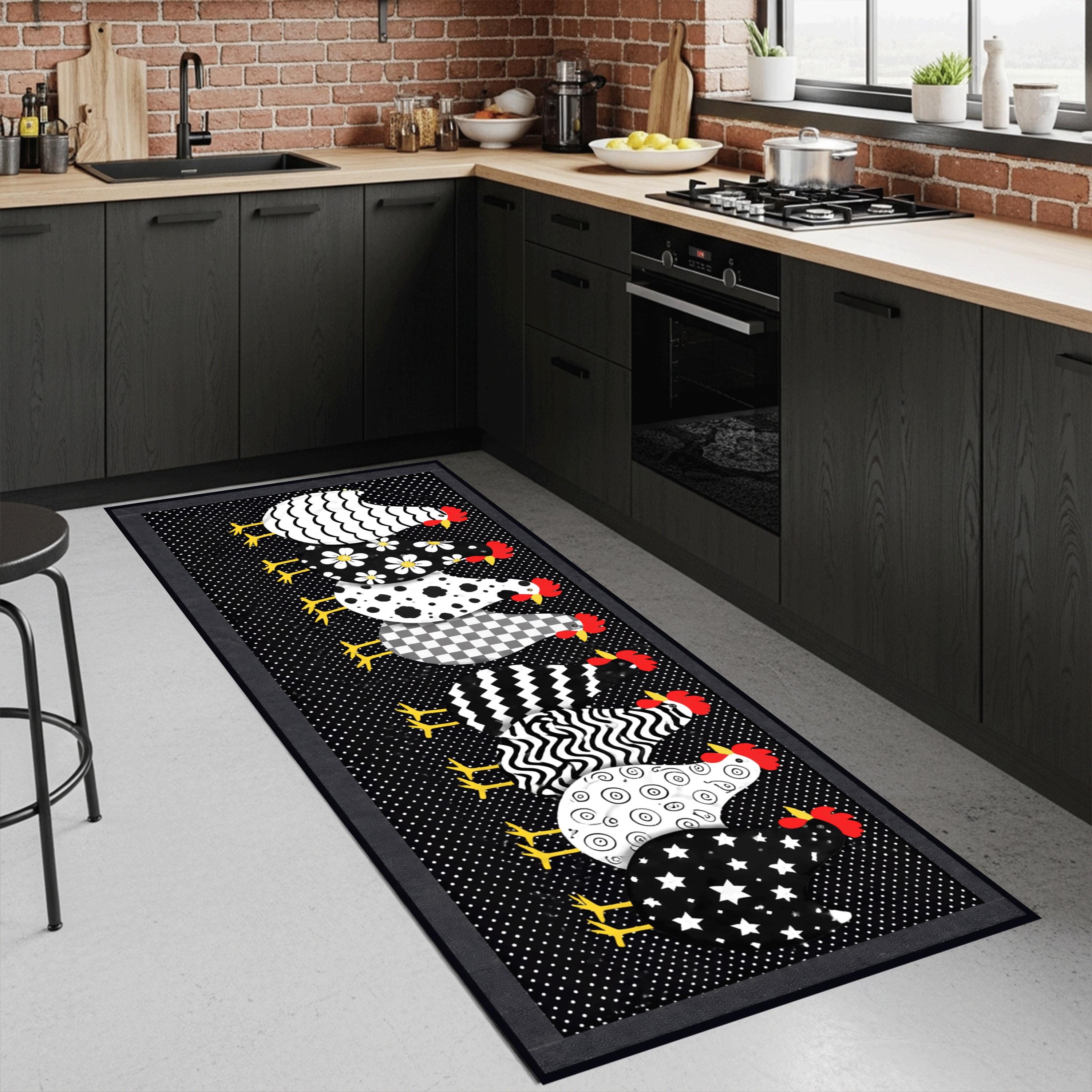 Chicken Rug Large Rooster Kitchen Runner Rug, Farmhouse Chicken Rug, Black White Country ...