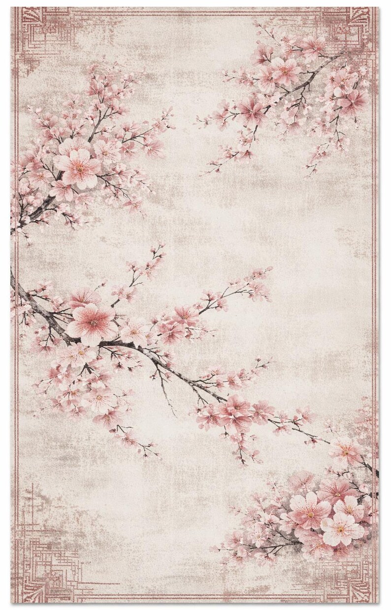 Pink Japanese Rug Cherry Blossom Area Rug, Japanese Floral Design, Pink Beige - Etsy