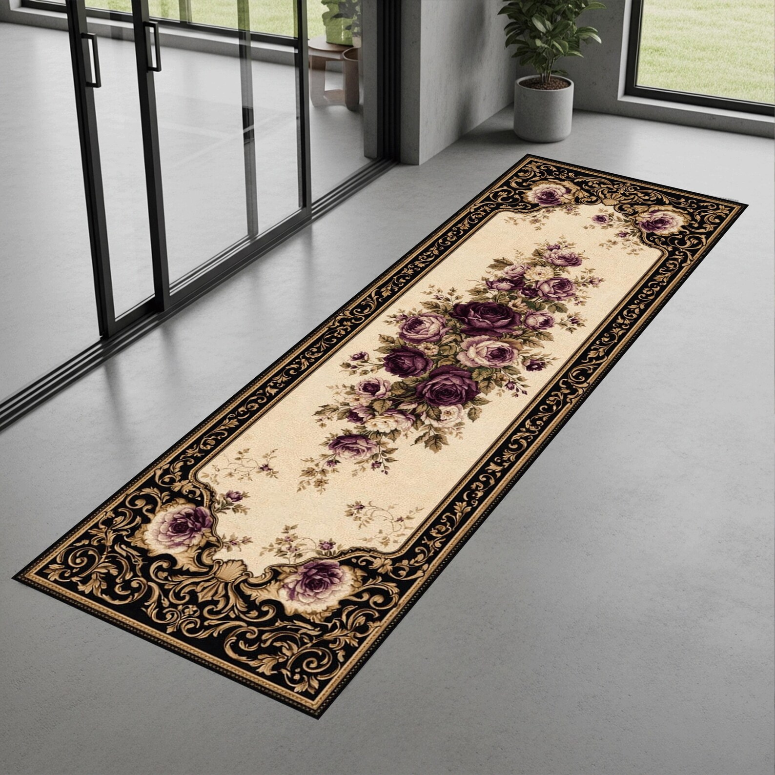 Vintage Rose Runner Rug, Floral Border Carpet, Classic Hallway Floor ...