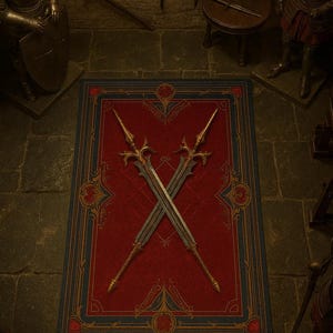 Tappeto gotico medievale con spada: tappeto da guerriero rosso e oro