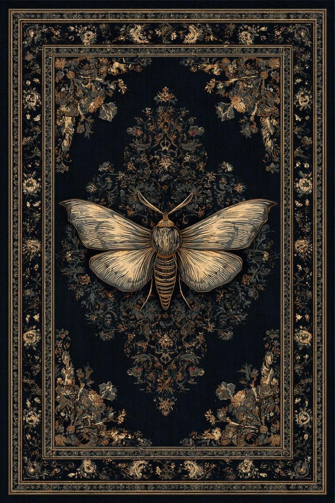 Gothic Moth Botanical Dark Rug Vintage Floral Insect Design - Etsy