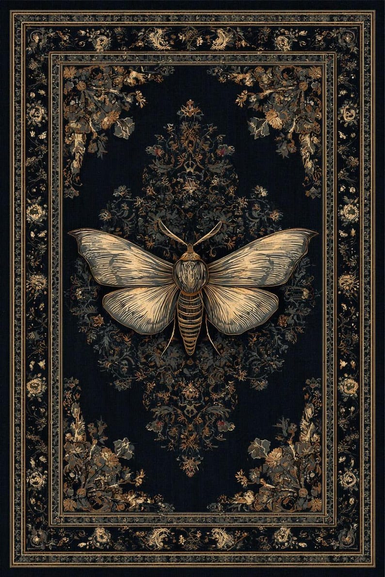 Gothic Moth Botanical Dark Rug Vintage Floral Insect Design - Etsy