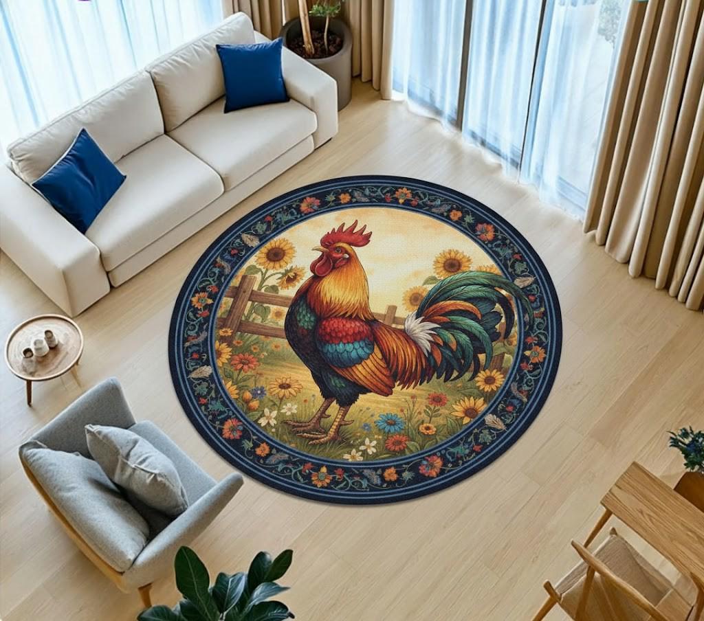 Farmhouse Rooster Round Rug – Sunflower & Floral Vintage Style Carpet ...