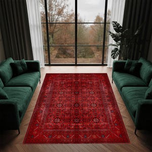 Red Oriental Area Rug: Washable Geometric Polyester Carpet