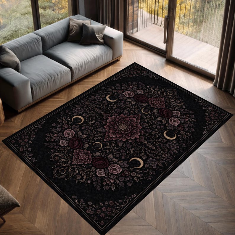 Blood Moon Rug Gothic Floral Moon Area Rug, Dark Bohemian Vintage Rug, Black Mystic ...