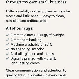 May include: Text on a white background reads: "I'm now sharing the designs I've dreamed of for years here on Etsy..." It lists features of polyester rugs, including 8 mm thickness, 700 gr/m&sup2; weight, and machine washable at 30&deg;C. The shop name is RugEleganceBoutique.