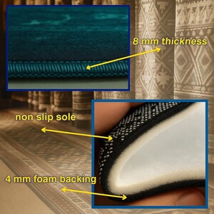May include: Close-up of a teal rug with a 8 mm thickness and 4 mm foam backing. The rug has a non-slip sole. The rug is teal and has a textured surface.
