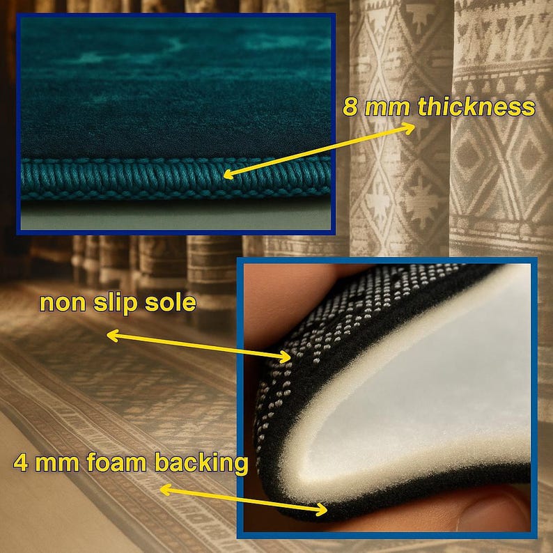 May include: Close-up of a teal rug with a 8 mm thickness and 4 mm foam backing. The rug has a non-slip sole. The rug is teal and has a textured surface.