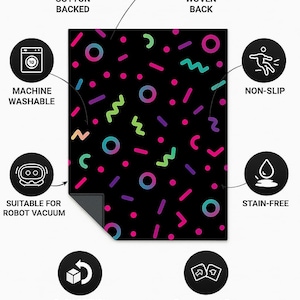May include: Black rug with a colorful geometric pattern of circles, lines, and squiggles. Features include cotton backing, woven back, machine washable, non-slip, stain-free, suitable for robot vacuum, and easy return. Designed by RugEleganceBoutique.