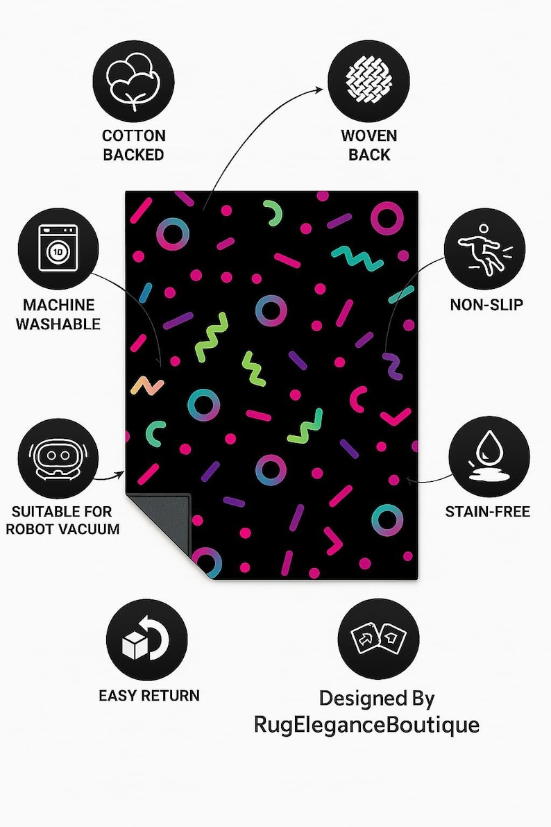 May include: Black rug with a colorful geometric pattern of circles, lines, and squiggles. Features include cotton backing, woven back, machine washable, non-slip, stain-free, suitable for robot vacuum, and easy return. Designed by RugEleganceBoutique.
