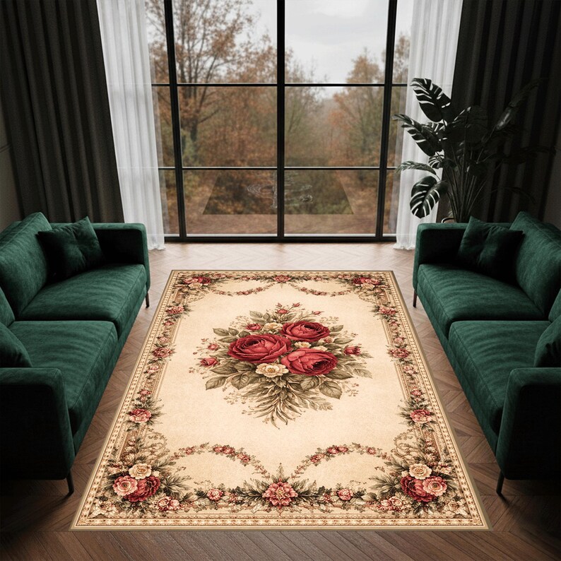 Vintage Rose Floral Area Rug Classic Elegant Design - Etsy