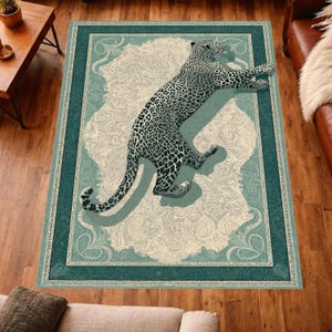 Leopard Pattern Rug Vintage Animal Print Teal Classic Decorative Area Carpet