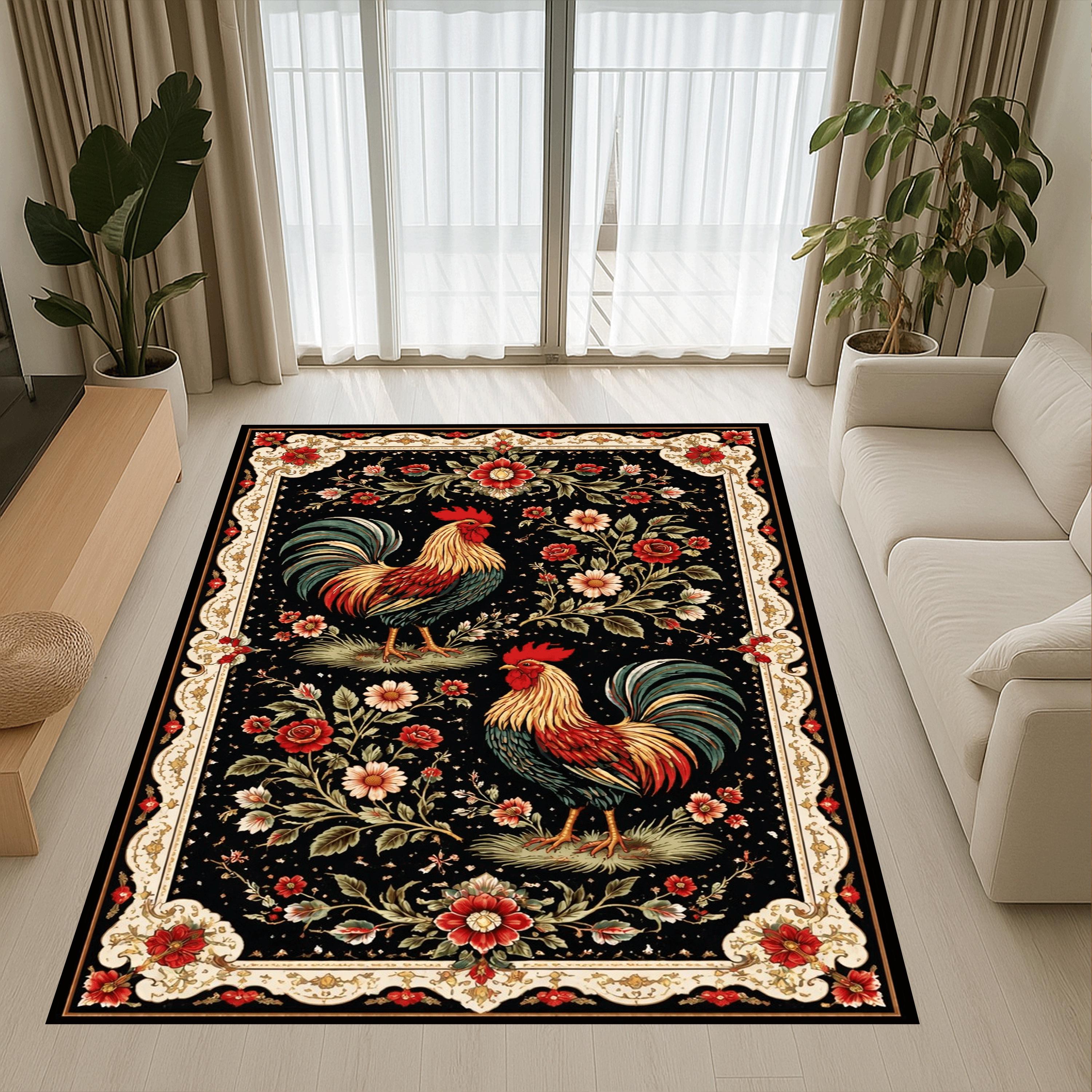 Vintage Rooster Floral Folk Art Black Border Area Rug - Etsy