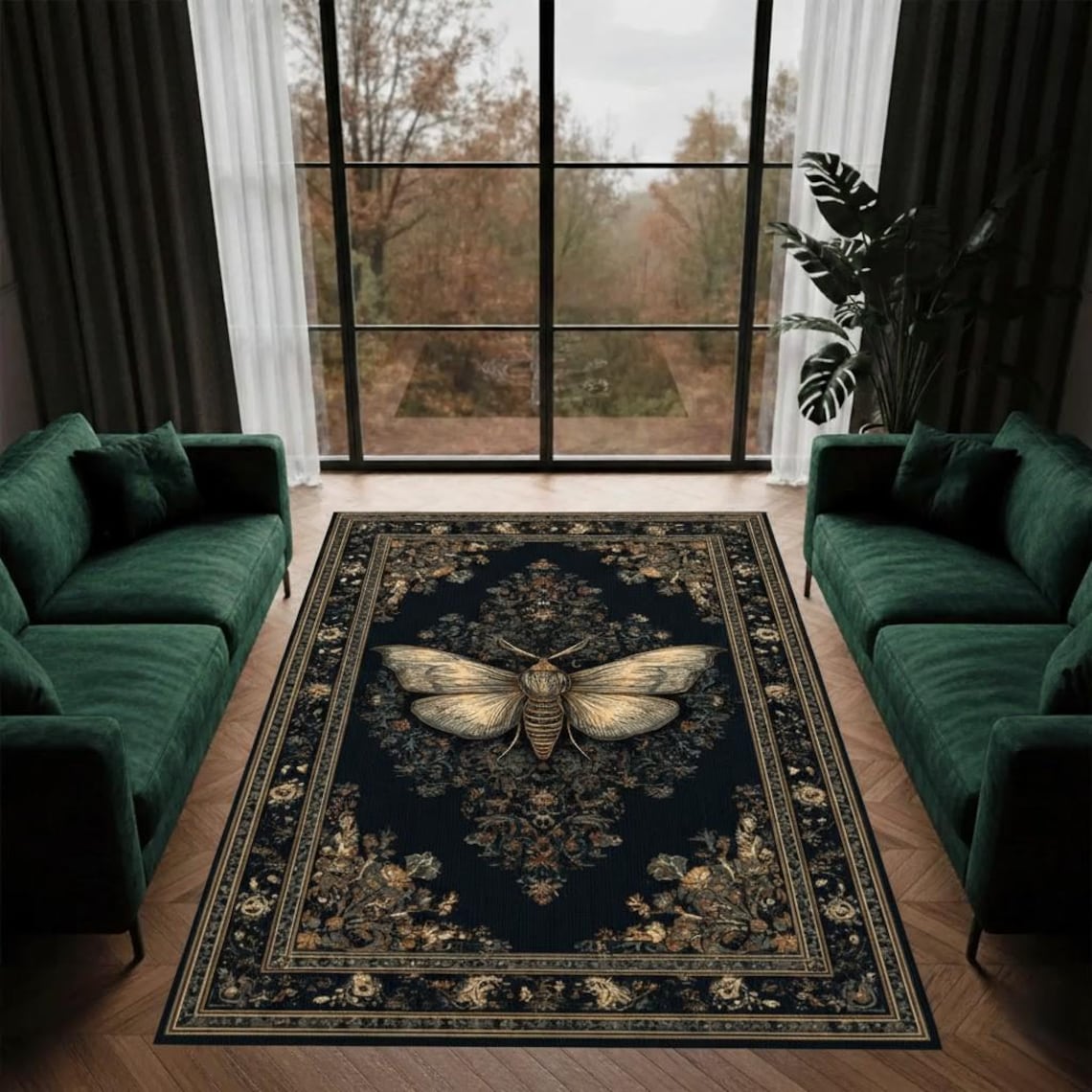 Large Moth Rug Gothic Moth Botanical Dark Rug Vintage Floral Insect Design - Etsy