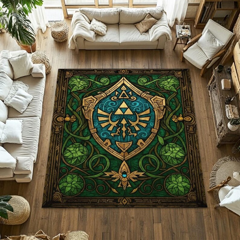 Zelda Triforce Rug: Green & Gold Hyrule Gaming Room Carpet - Etsy
