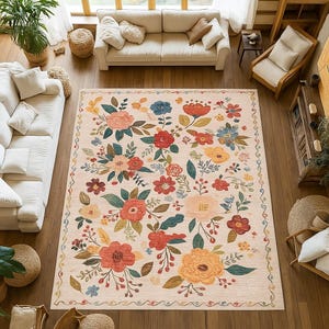 Peut inclure: Un grand tapis rectangulaire à motifs floraux. Le tapis présente un fond crème avec un motif coloré de fleurs rouges, oranges, jaunes, bleues et roses et de feuilles vertes. Le tapis est entouré d'une bordure décorative.