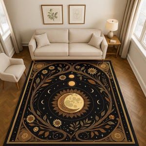 Black Celestial Area Rug: Sun, Moon and Stars Design with Floral Accents for Living Room and Bedroom