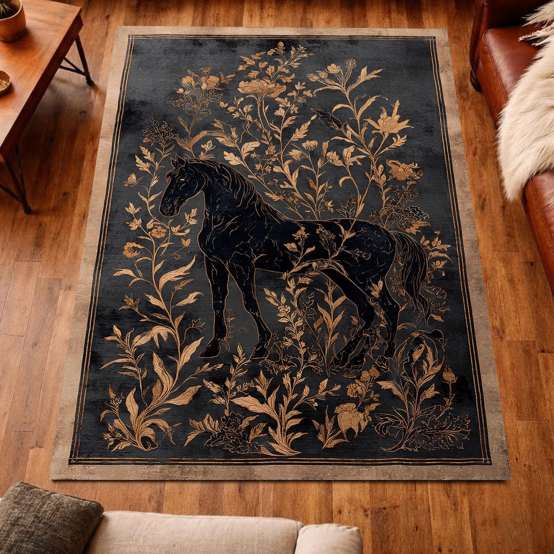 Gothic Horse Area Rug, Dark Floral Tapestry, Black and Gold - Etsy
