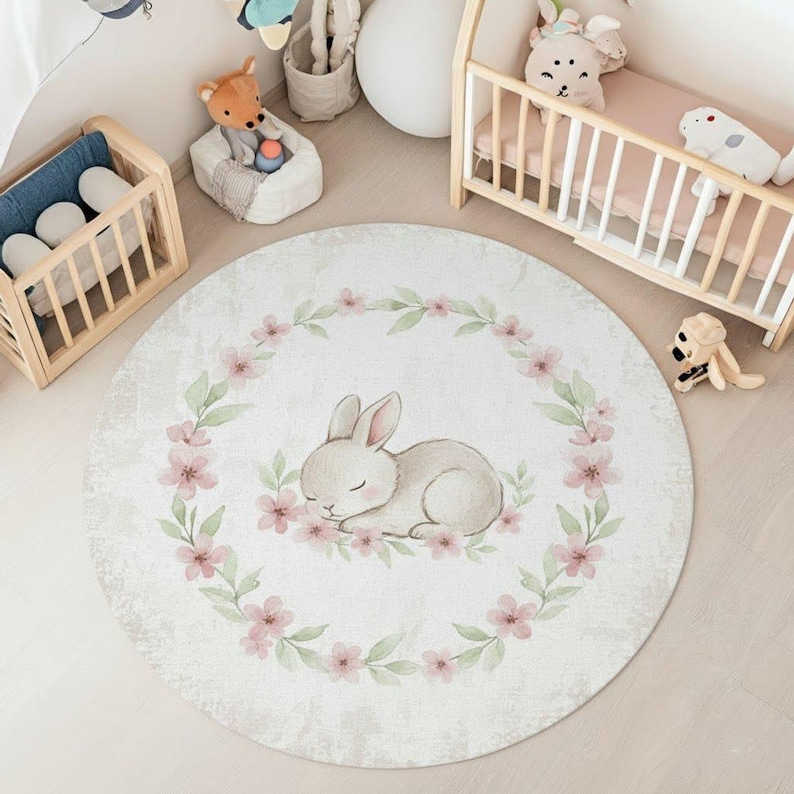 Baby Sleep Rug Sleeping Bunny Round Rug – Pastel Floral Nursery Carpet - Etsy