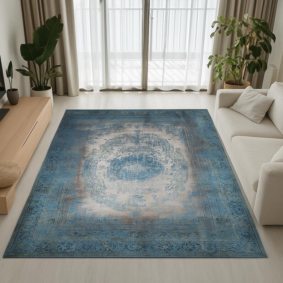 Blue Distressed Medallion Rug: Vintage Oriental Style - Etsy