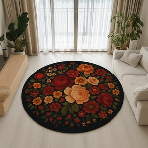 Vintage Floral runder Teppich: Schwarz, Rot & & Gold Blumen - Boho Decor